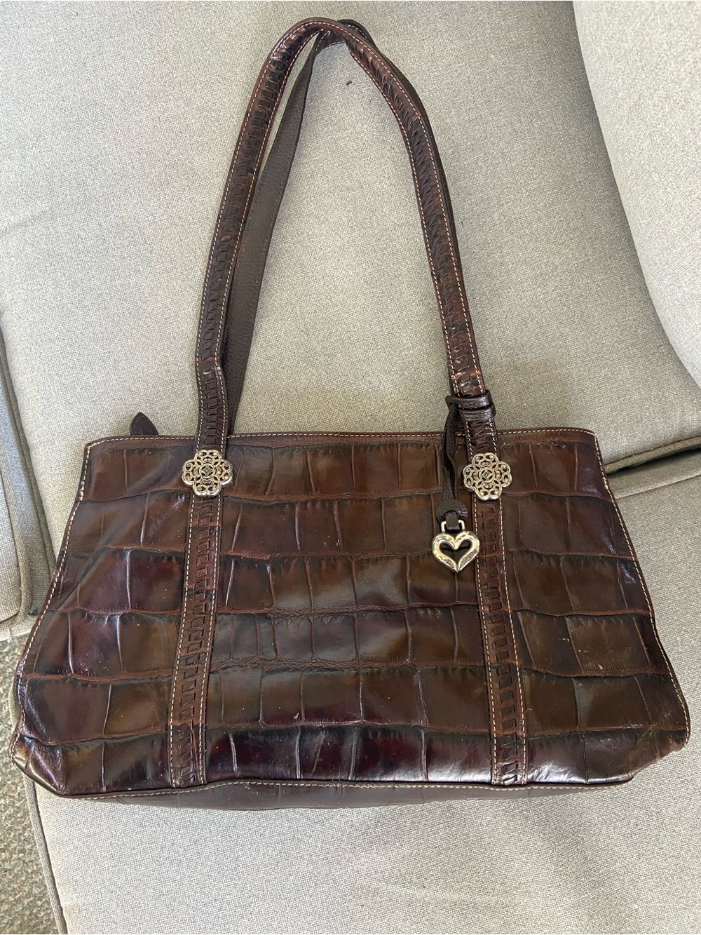 Brighton Brown Croc-Embossed Shoulder Bag with Heart Charm